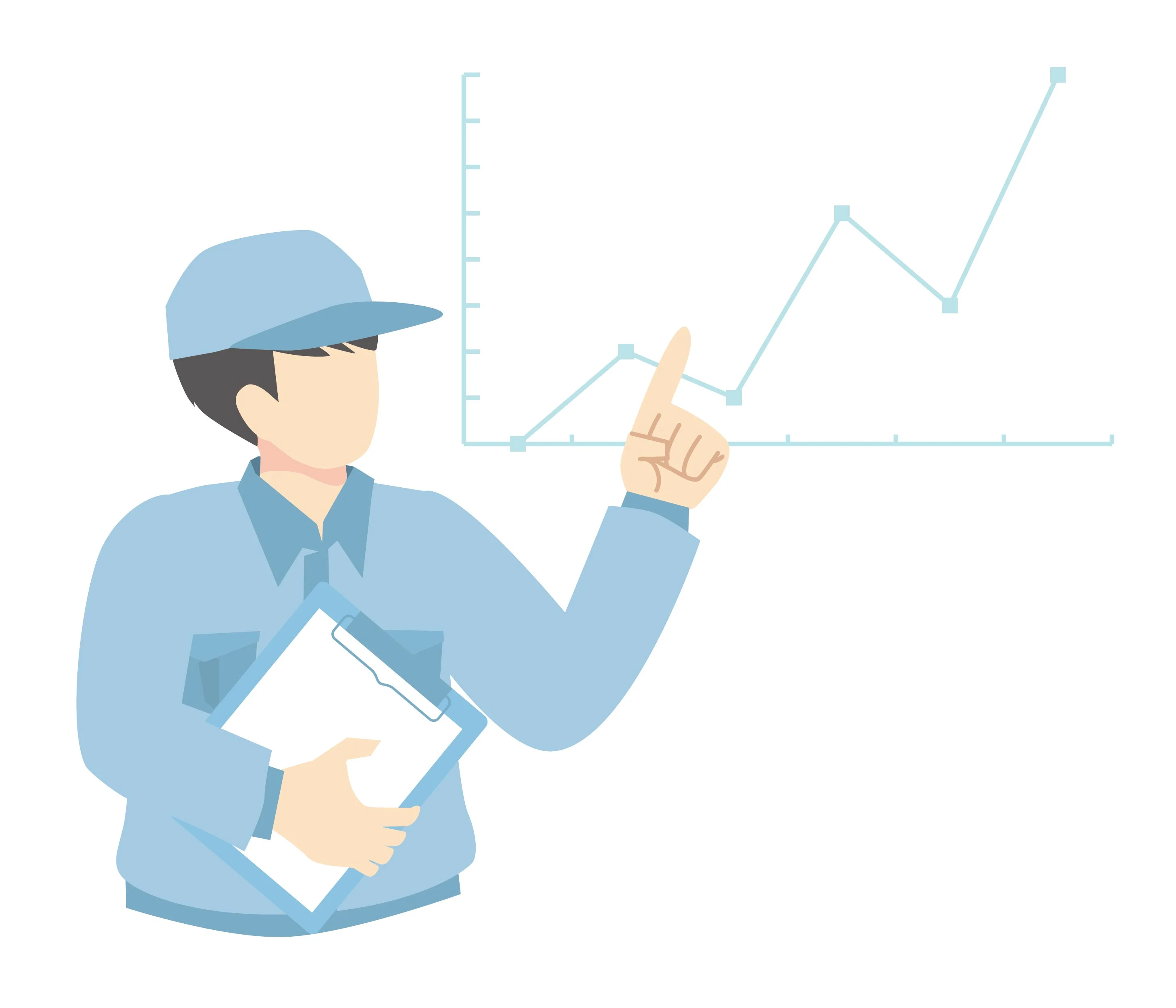 右肩上がりのグラフを指す技術者のイラスト