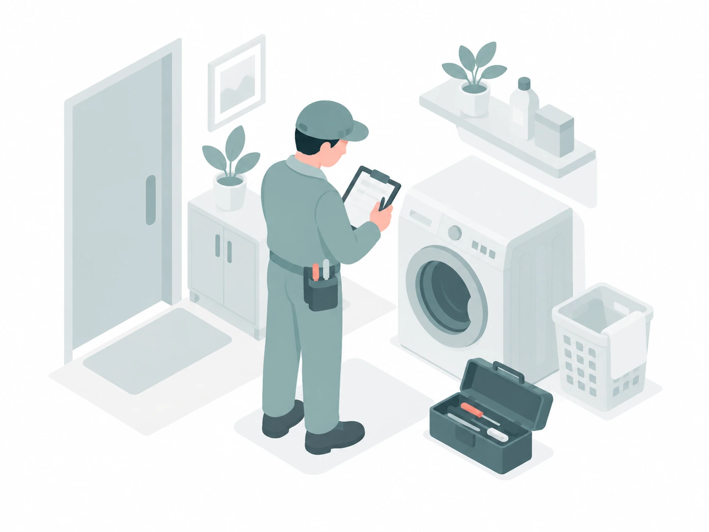 お客様宅で家電を点検する技術者のイラスト