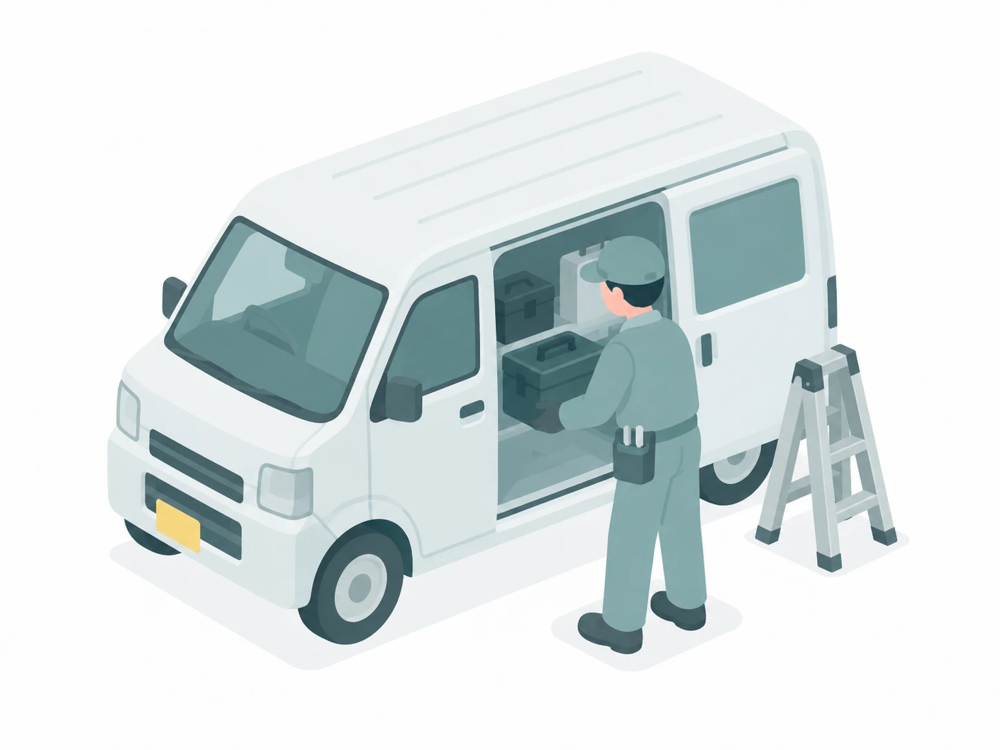 作業車両から工具を取り出す技術者のイラスト