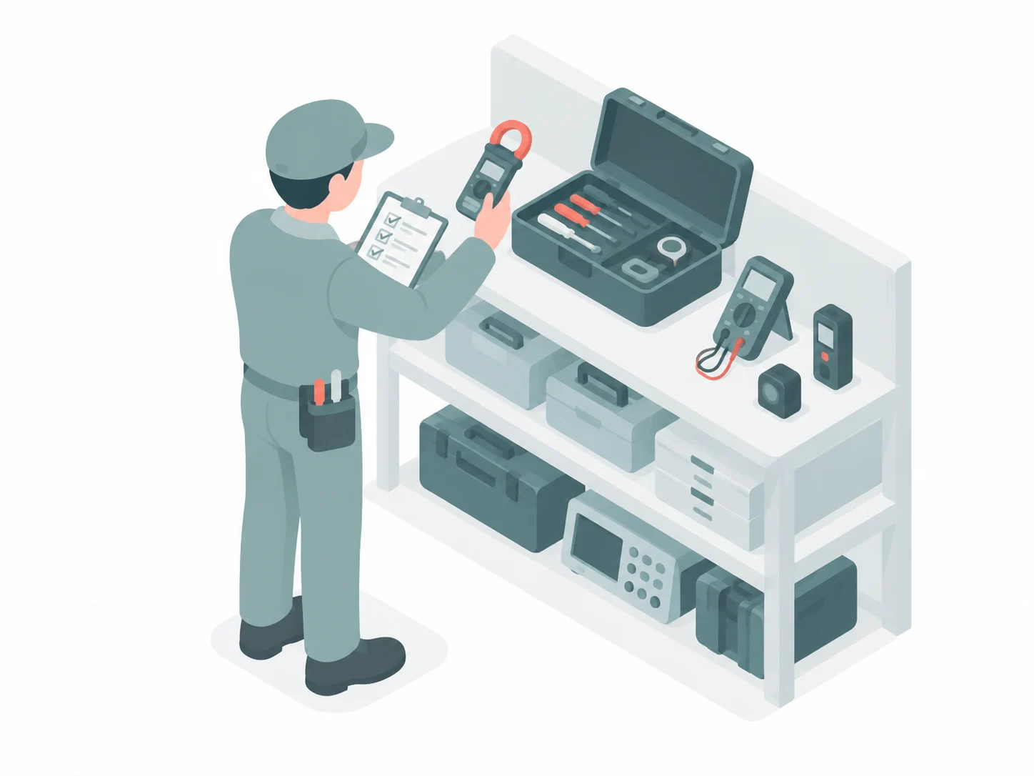工具と測定機器が並ぶ棚のイラスト